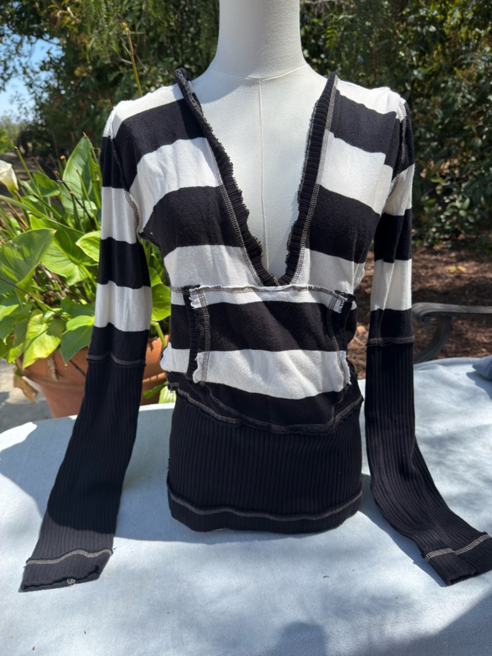Vintage Free People Black and White Striped Deep V Pullover